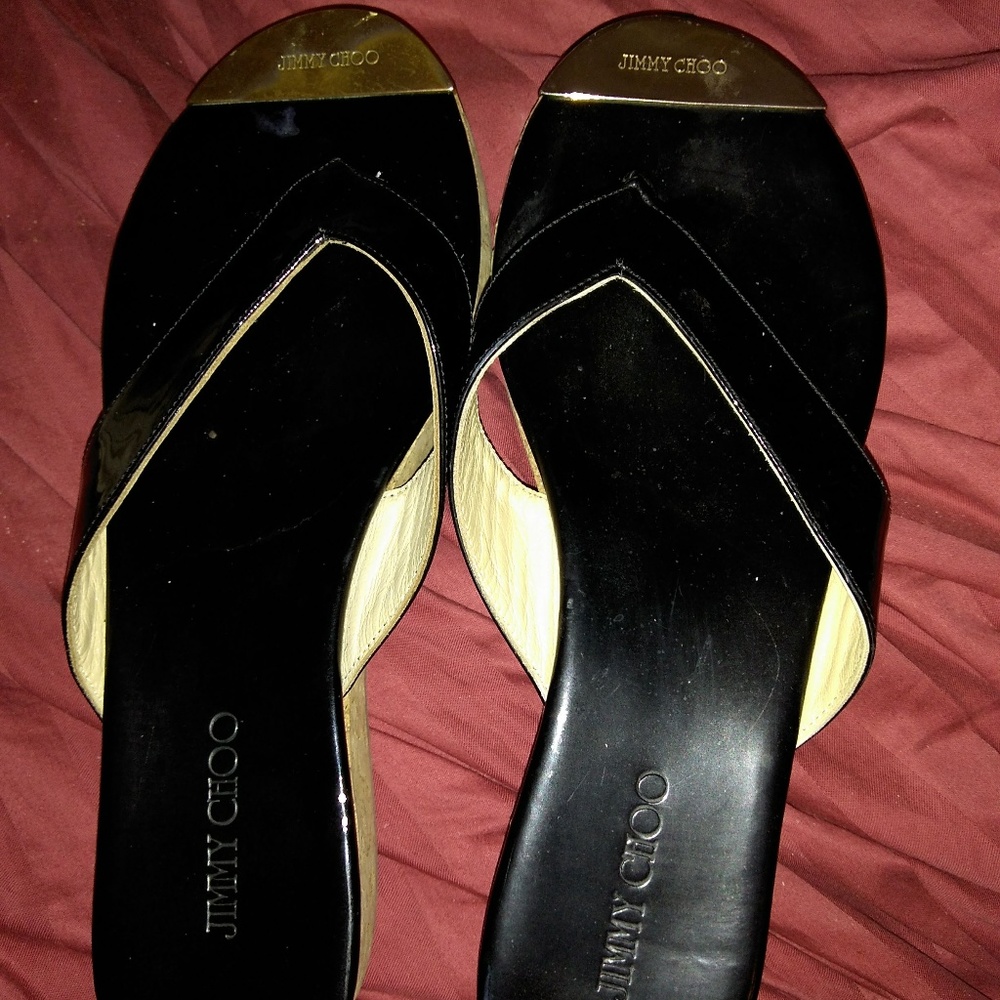JIMMY CHOO black patent Pence sandals cork